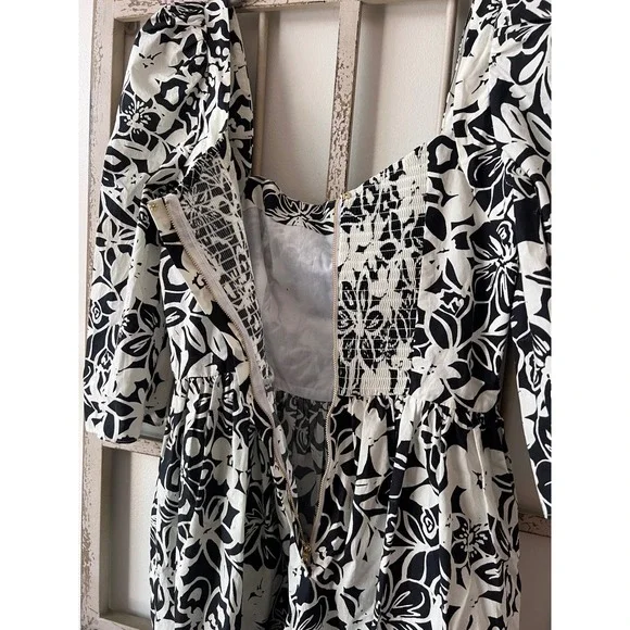 Cara Cara Hart Floral Puff Sleeve Cotton Minidress Black White Size 4 - Picture 5 of 7